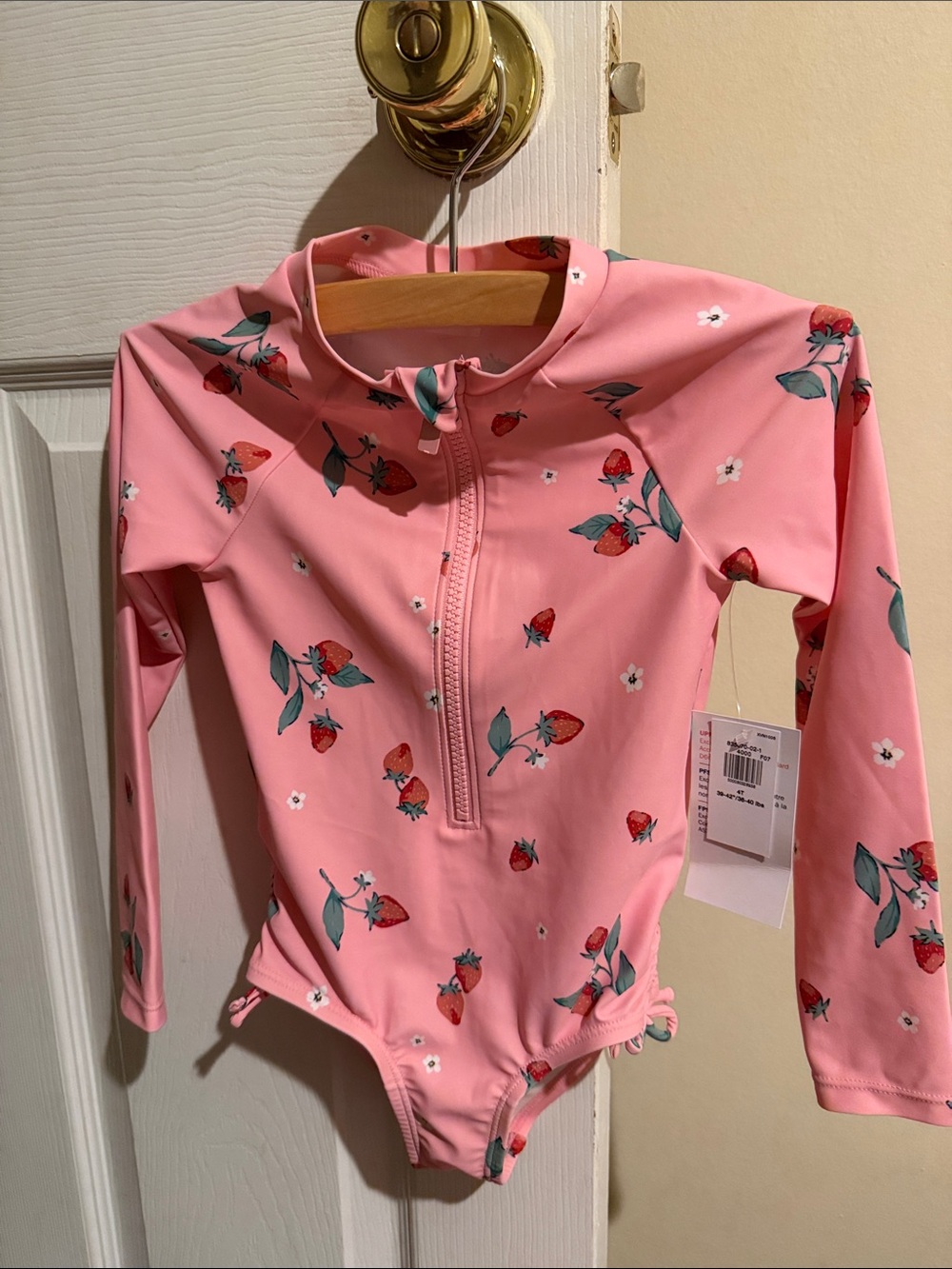 Old Navy Pink Strawberry Print Long-Sleeve One-Piece Swimsuit